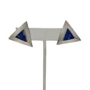 Vintage Lapis Lazuli Triangle Modernist Ribbed Sterling Silver 925 Post Earrings